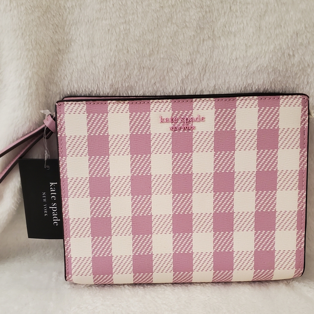 Kate Spade Light Purplish Pink and White Check Print Wristlet - NEW